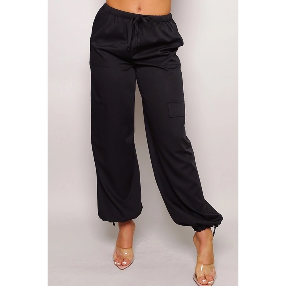 In My Element Black Cargo Parachute Pants Bungee Cuff | Large
